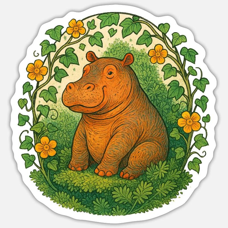 Whimsical Hippo in Ivy Circle - Sticker size S (10 x 10 cm) - white matte