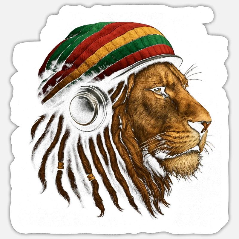 Lion avec un casque rastafari - Sticker taille S (10 x 10 cm) - blanc mat