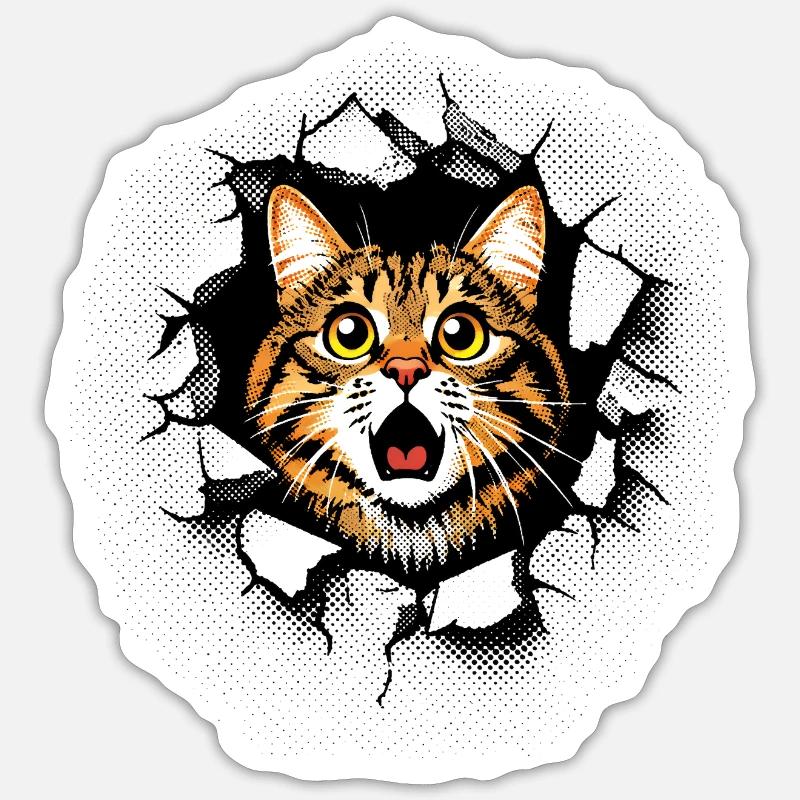 Katze Kopf Mauer Loch Risse Durchbruch - Sticker Größe S (10 x 10 cm) - Mattweiß