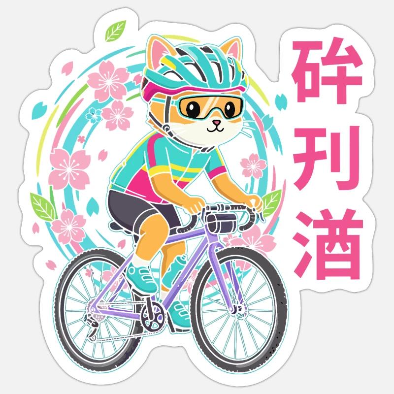 Neon-Katzenradfahrer mit Blüten - Sticker Größe S (10 x 10 cm) - Mattweiß