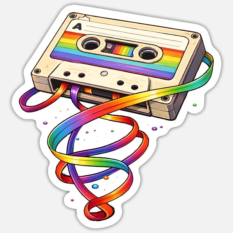Retro Kassette mit Regenbogen Band   - Sticker Größe S (10 x 10 cm) - Mattweiß
