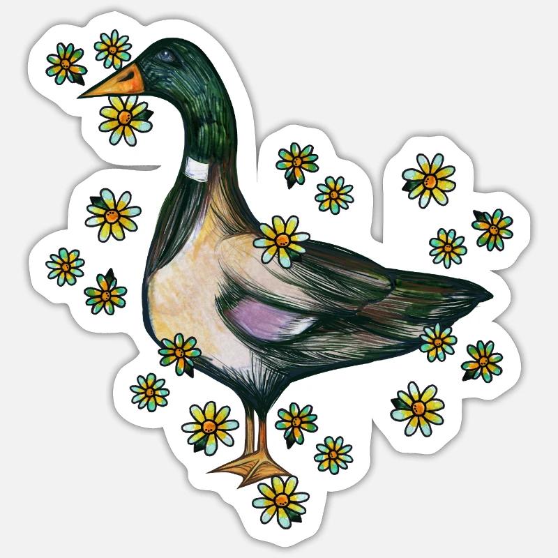 Portrait fleuri de canard - Sticker taille S (10 x 10 cm) - blanc mat