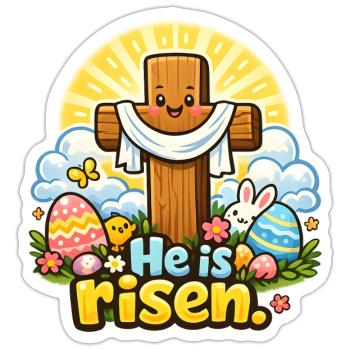 He is Risen Kawaii Kreuz - Sticker Größe S (10 x 10 cm) - Mattweiß - Vorne