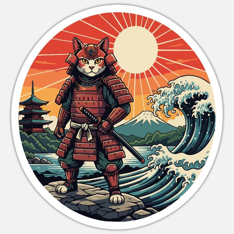 Cat Samurai at Sunset Waves - Sticker size S (10 x 10 cm) - white matte