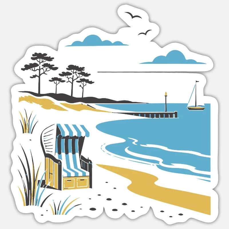 Idylle côtier : chaise longue et dune - Sticker taille S (10 x 10 cm) - blanc mat