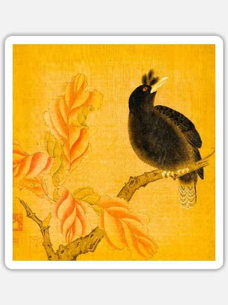 Schwarzer Singvogel auf gelben Blüten - Sticker Größe S (10 x 10 cm) - Mattweiß
