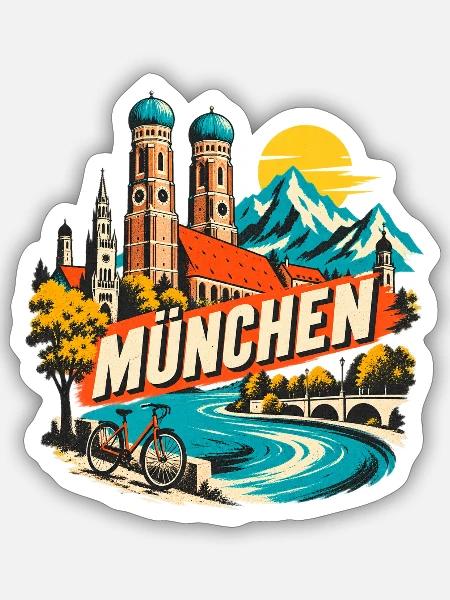 München Skyline Alpen Fahrrad Retro Design - Sticker Größe S (10 x 10 cm) - Mattweiß