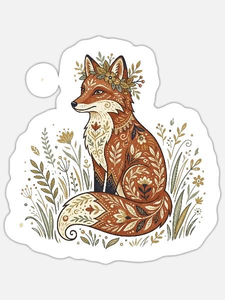 Boho Fuchs mit Blütenkranz - Sticker Größe S (10 x 10 cm) - Mattweiß