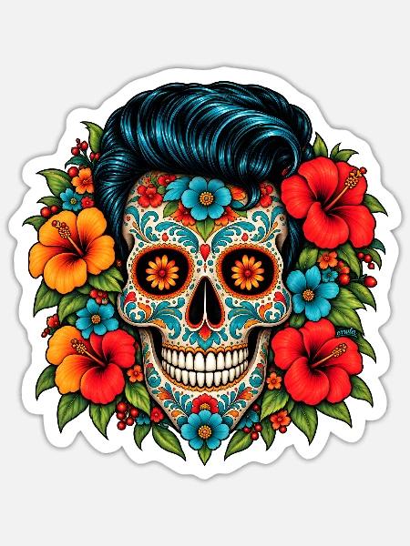 Flower Skull – Rockabilly Sugar Skull - Sticker Größe S (10 x 10 cm) - Mattweiß