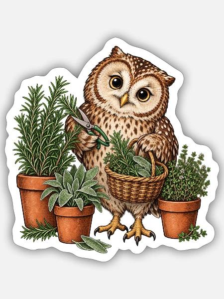 Eule bei der Kräuterernte - Sticker Größe S (10 x 10 cm) - Mattweiß