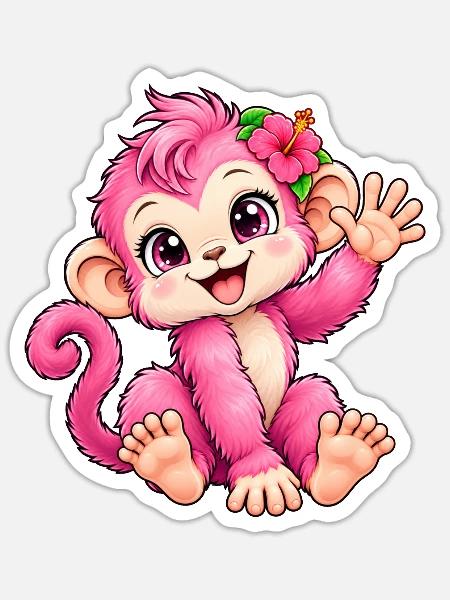 Kawaii-rosa Affe mit tropischer Blume - Sticker Größe S (10 x 10 cm) - Mattweiß