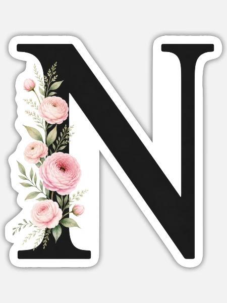 N Buchstabe Monogram Floral - Sticker Größe S (10 x 10 cm) - Mattweiß
