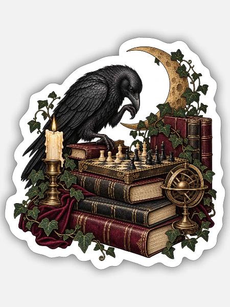 Rabe beim Schachspiel - Sticker Größe S (10 x 10 cm) - Mattweiß