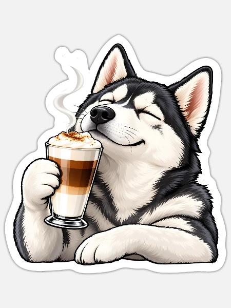 Husky mit Latte Macchiato – Kaffeepause - Sticker Größe S (10 x 10 cm) - Mattweiß