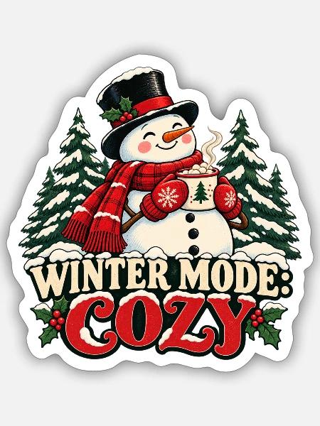 Wintermodus: Gemütlich – Schneemann mit Tasse - Sticker Größe S (10 x 10 cm) - Mattweiß