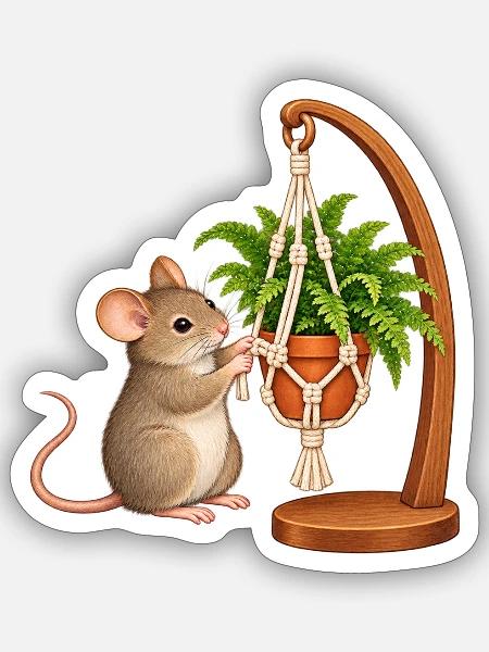 Maus knüpft einen Pflanzenhalter - Sticker Größe S (10 x 10 cm) - Mattweiß