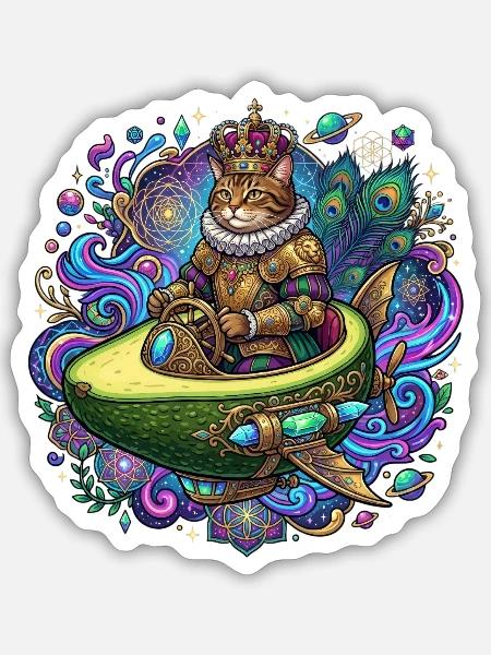 Königliche Katze im Avocado-Raumschiff - Sticker Größe S (10 x 10 cm) - Mattweiß