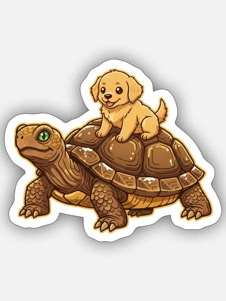 hundewelpe-reitet-schildkroete-tier-freundschaf - Sticker Größe S (10 x 10 cm) - Mattweiß