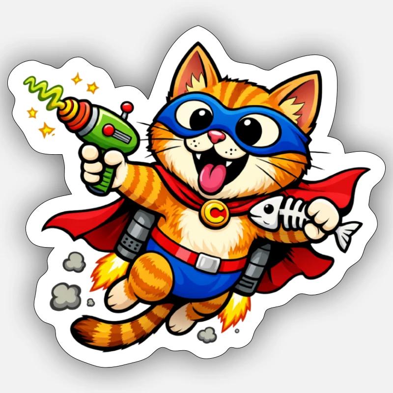 Chat super-héros en plein vol - Sticker taille S (10 x 10 cm) - blanc mat
