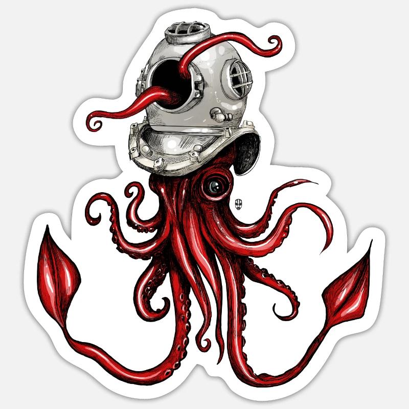 Squid with Diving Helmet - Sticker size S (10 x 10 cm) - white matte