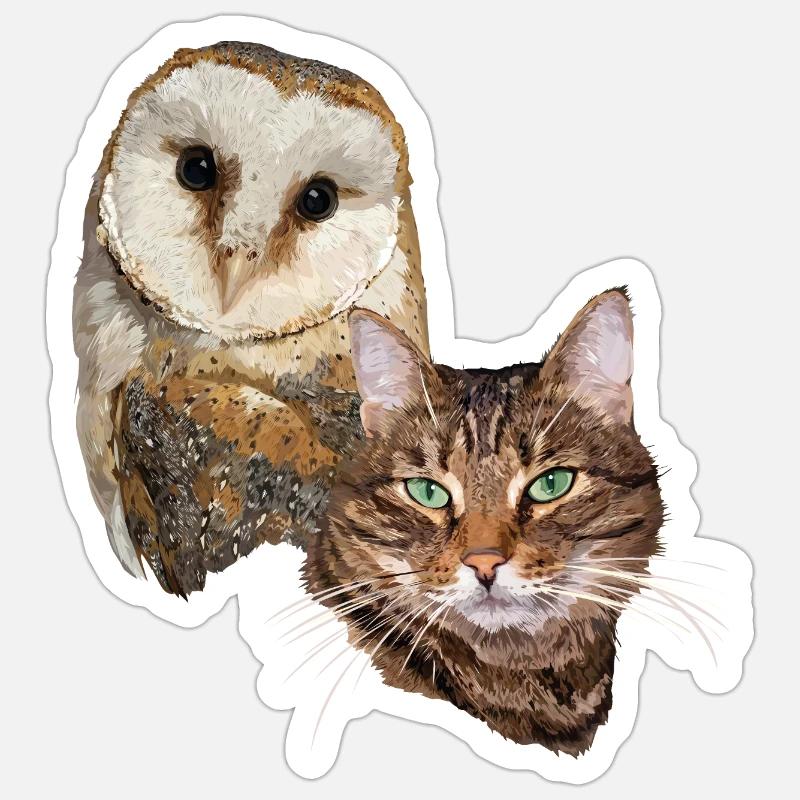 Katze und Eule - Sticker Größe S (10 x 10 cm) - Mattweiß