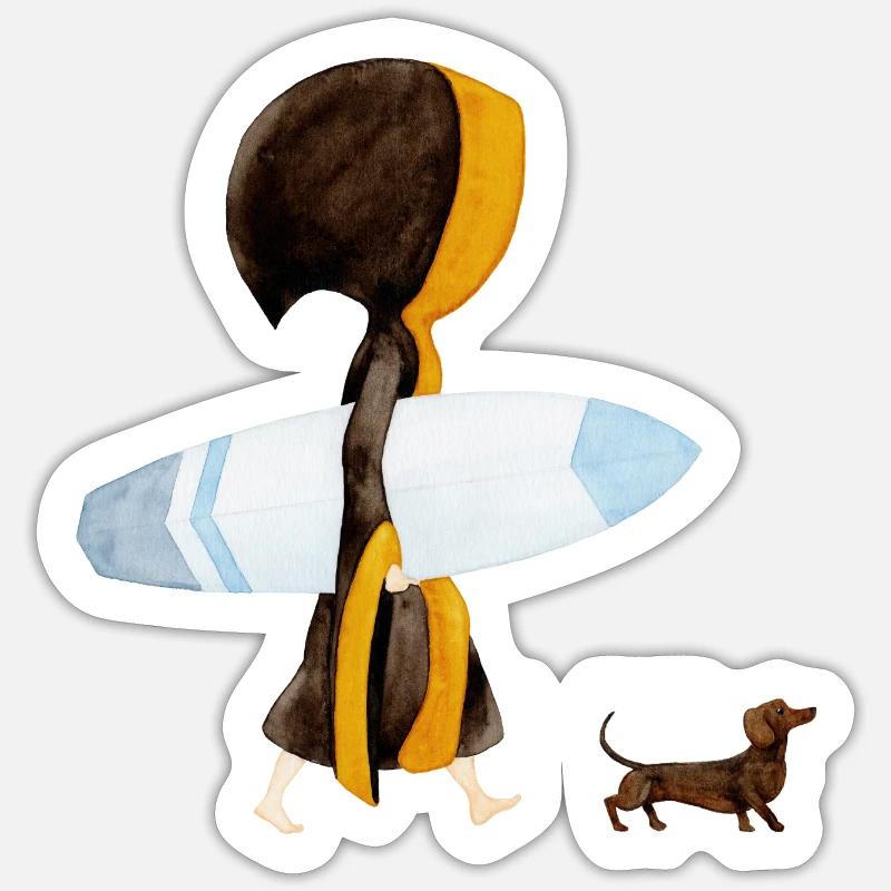 Munich Kindl « Eisbach Surfer » avec teckel - Sticker taille S (10 x 10 cm) - blanc mat