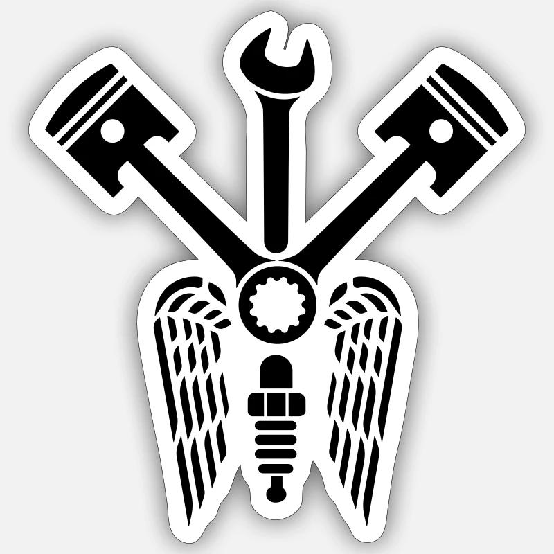Clé à piston croisée avec ailes et bougie - Sticker taille S (10 x 10 cm) - blanc mat
