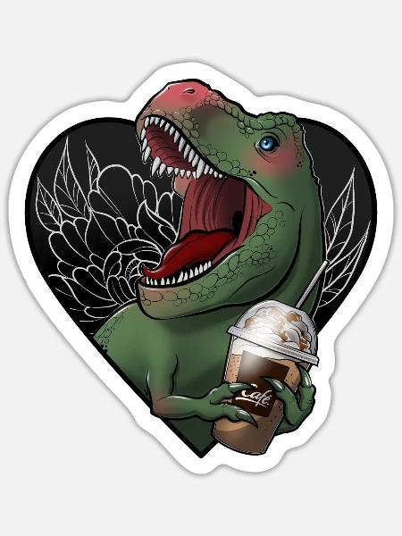 T-Rex und Karamell Frappe Print - Sticker Größe S (10 x 10 cm) - Mattweiß