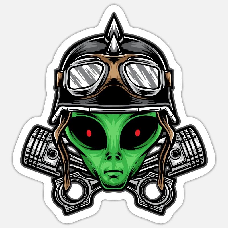 Alien Biker Head Illustration - Sticker size S (10 x 10 cm) - white matte