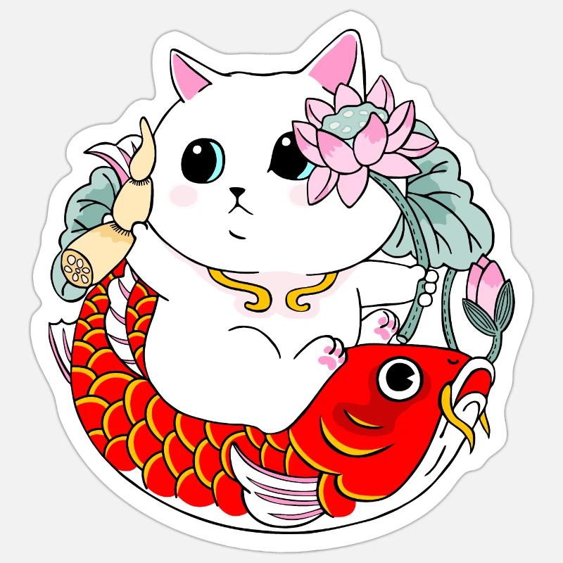Chat et poisson Koi - Sticker taille S (10 x 10 cm) - blanc mat