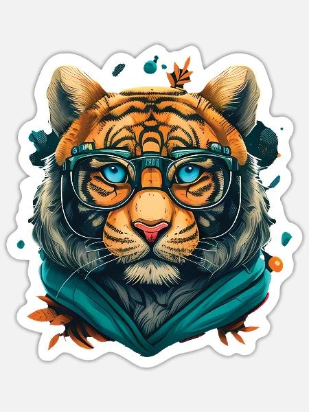 Tiger als Nerd mit Buch - Sticker Größe S (10 x 10 cm) - Mattweiß