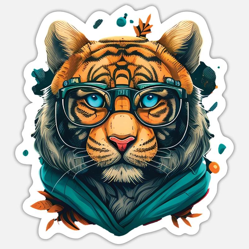 Tiger als Nerd mit Buch - Sticker Größe S (10 x 10 cm) - Mattweiß