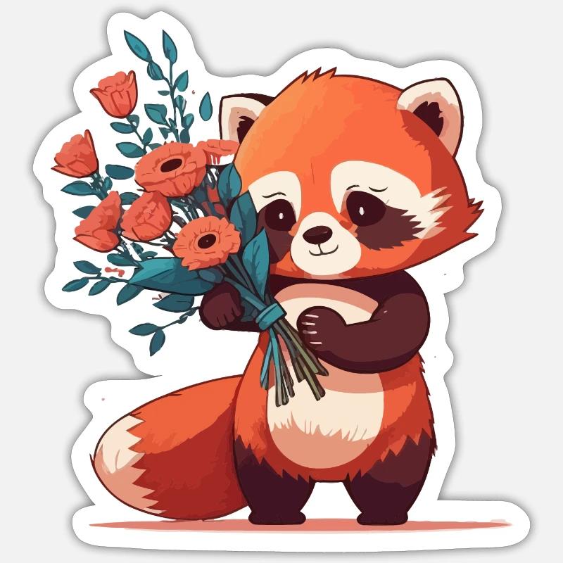 Panda roux à fleurs - Sticker taille S (10 x 10 cm) - blanc mat