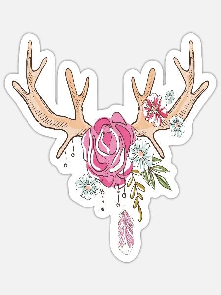 Hirschgeweih mit Blumen, Tracht - Sticker Größe S (10 x 10 cm) - Mattweiß