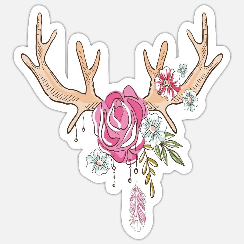 Hirschgeweih mit Blumen, Tracht - Sticker Größe S (10 x 10 cm) - Mattweiß
