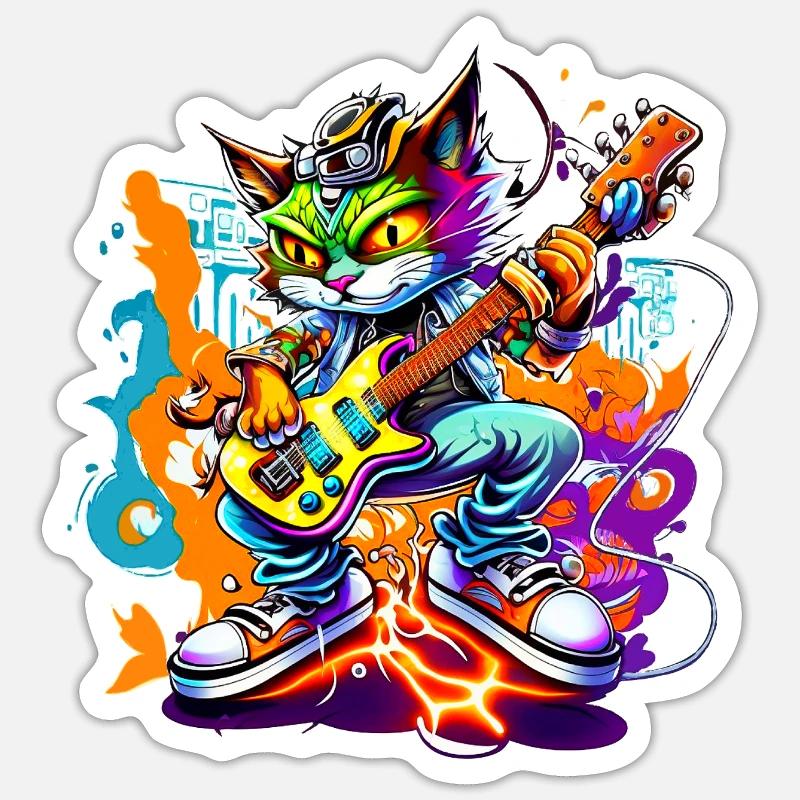 Chat de dessin animé à la mode avec guitare - Sticker taille S (10 x 10 cm) - blanc mat