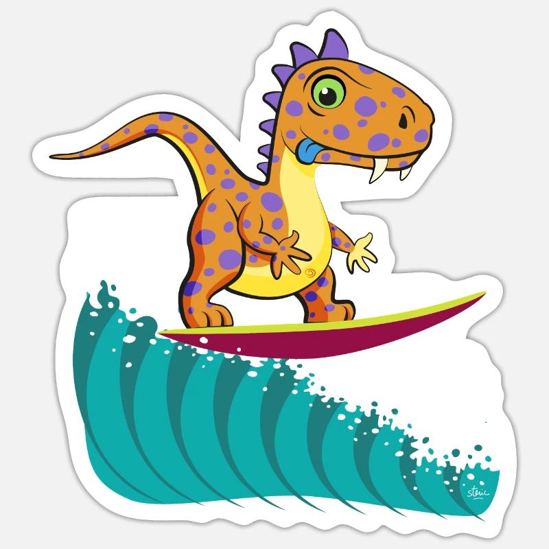 dino surf cool #2 - Sticker taille S (10 x 10 cm) - blanc mat