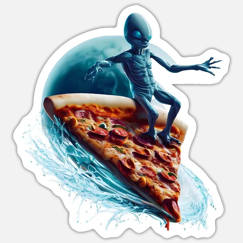 Pizza Surfer Alien - Sticker Größe S (10 x 10 cm) - Mattweiß