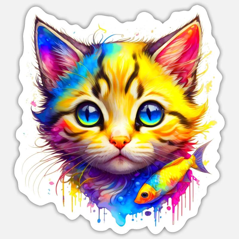 Rainbow Kitty with fish Sticker size S (10 x 10 cm)