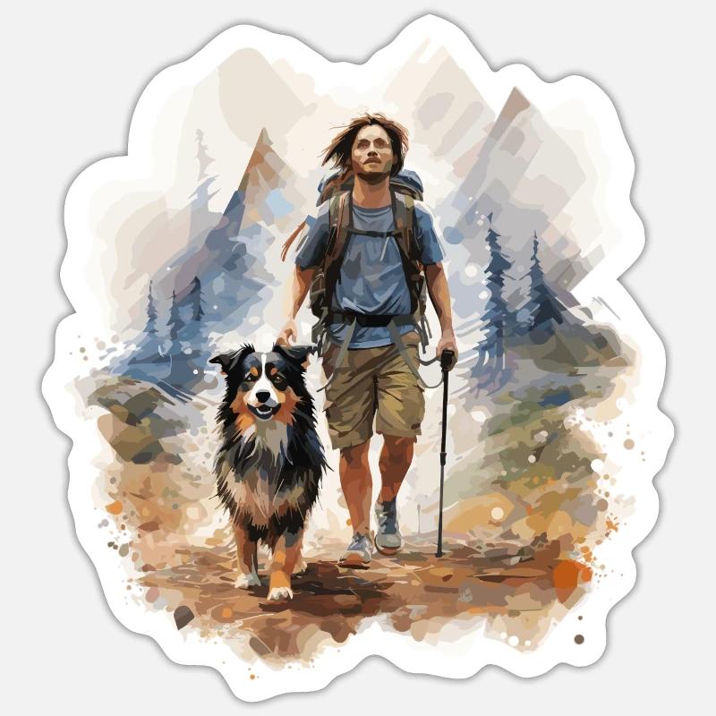 Wanderer mit Hund, Polygon Stil - Sticker Größe S (10 x 10 cm) - Mattweiß