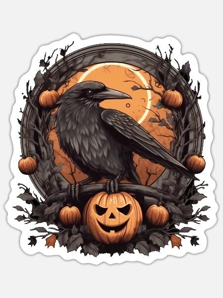 Rabe, Krähe, Mond, Kürbis, Halloween, Kostüm - Sticker Größe S (10 x 10 cm) - Mattweiß