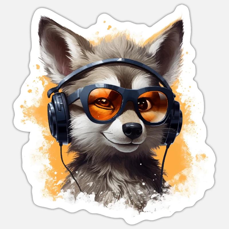 Wolf Design mit Kopfhörer & Sonnenbrille - Sticker Größe S (10 x 10 cm) - Mattweiß