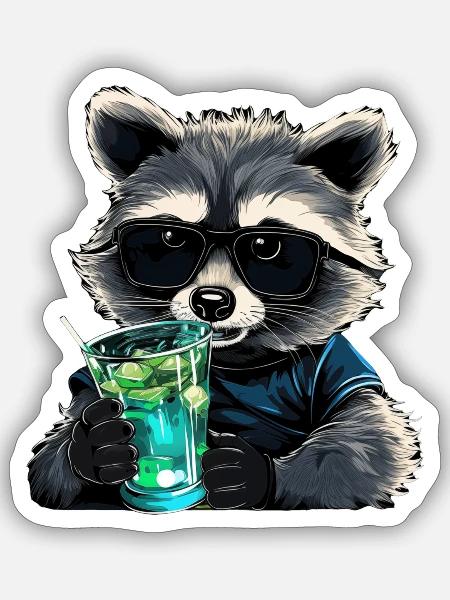 Waschbär Limo - Sticker Größe S (10 x 10 cm) - Mattweiß
