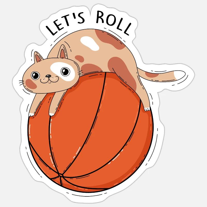 Chat et basket-ball - Sticker taille S (10 x 10 cm) - blanc mat