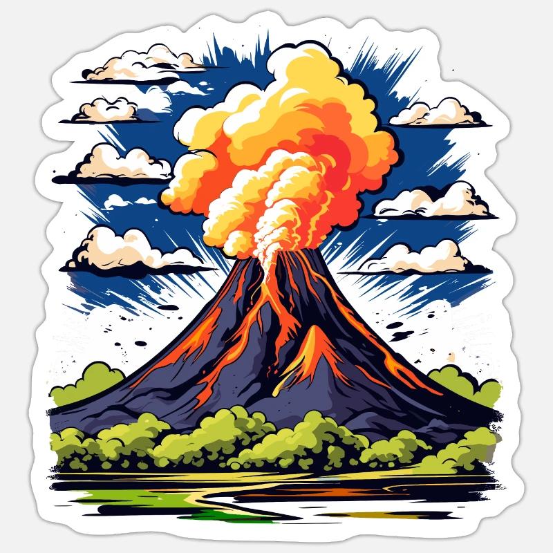 active volcano with ash cloud and lava flows Sticker size S (10 x 10 cm)
