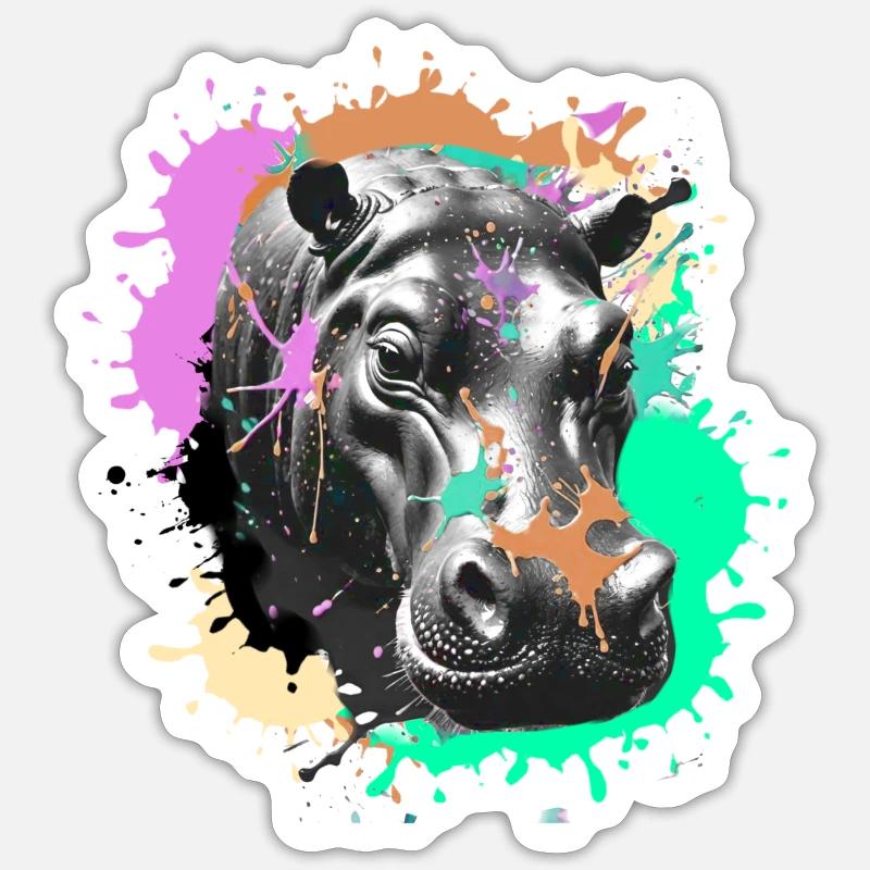 Nilpferd, Graffiti, Malerei,bunt, farbkleckse - Sticker Größe S (10 x 10 cm) - Mattweiß