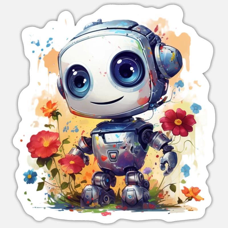 Robot with flowers - Sticker size S (10 x 10 cm) - white matte