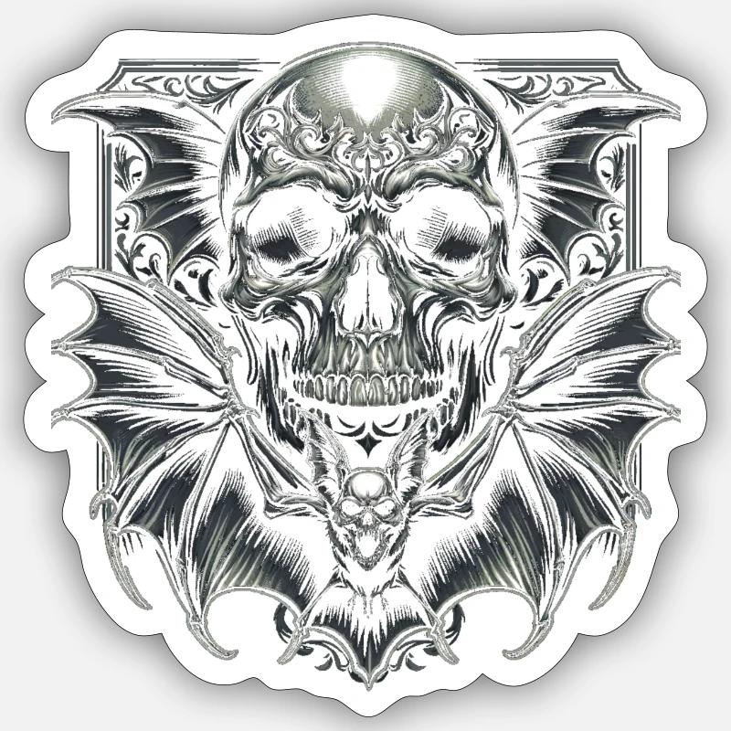 Dark Wings : Crâne et chauve-souris - Sticker taille S (10 x 10 cm) - blanc mat