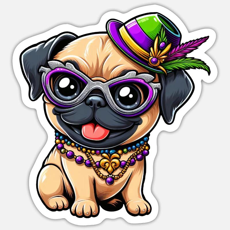 Mardi Gras Mops Comic-Stil Sticker Größe S (10 x 10 cm)