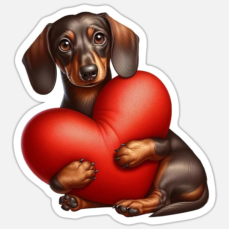 Dachshund Hugging a Red Pillow - Sticker size S (10 x 10 cm) - white matte